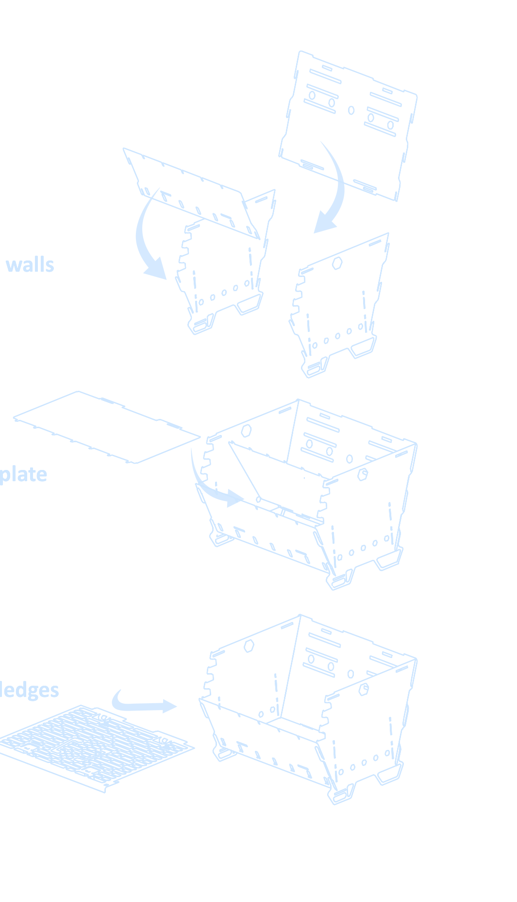 Three-step assembly diagram: align walls, install base plate, slide grate