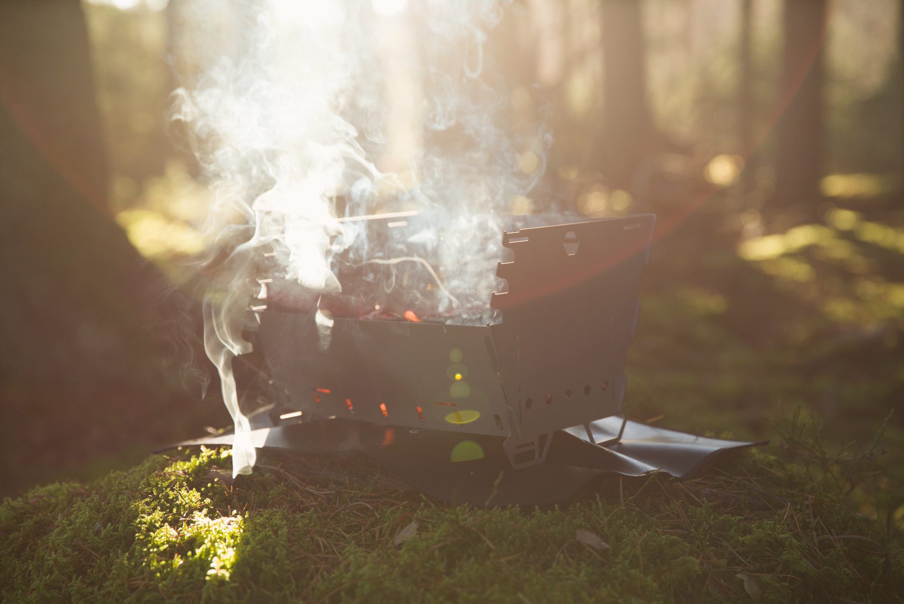 Titan1 titanium fire pit smoking on its base mat, backlit in a sunlit pine forest